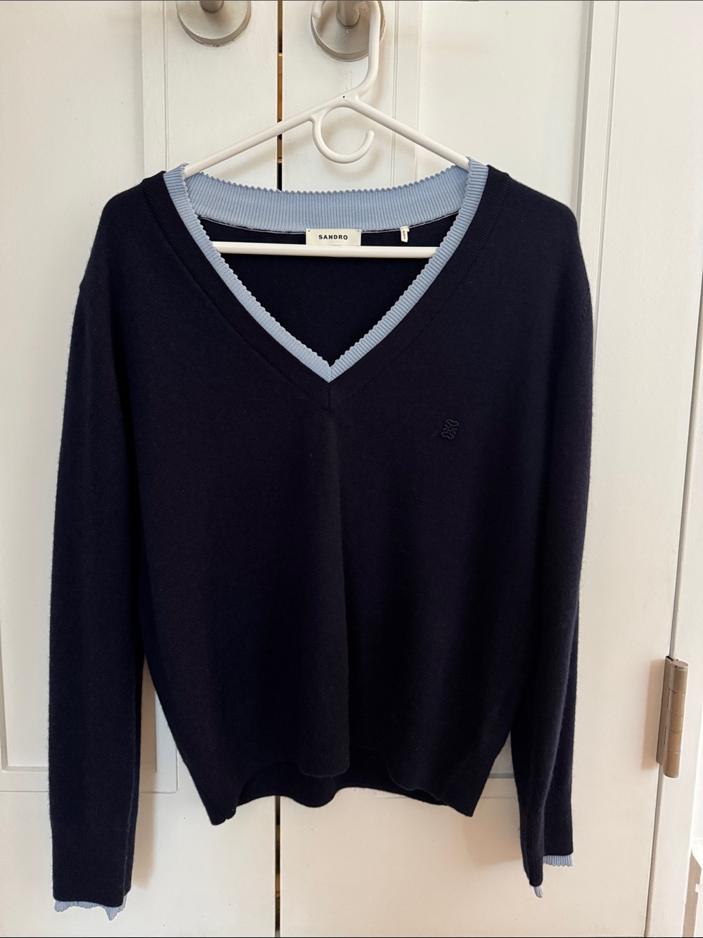 Sandro Navy V-Neck Sweater with Light Blue Trim